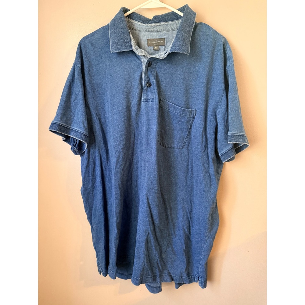 Bean Signature Mens XL Blue  Chambray Short‎ Sleeve Polo Shirt Cotton Classic